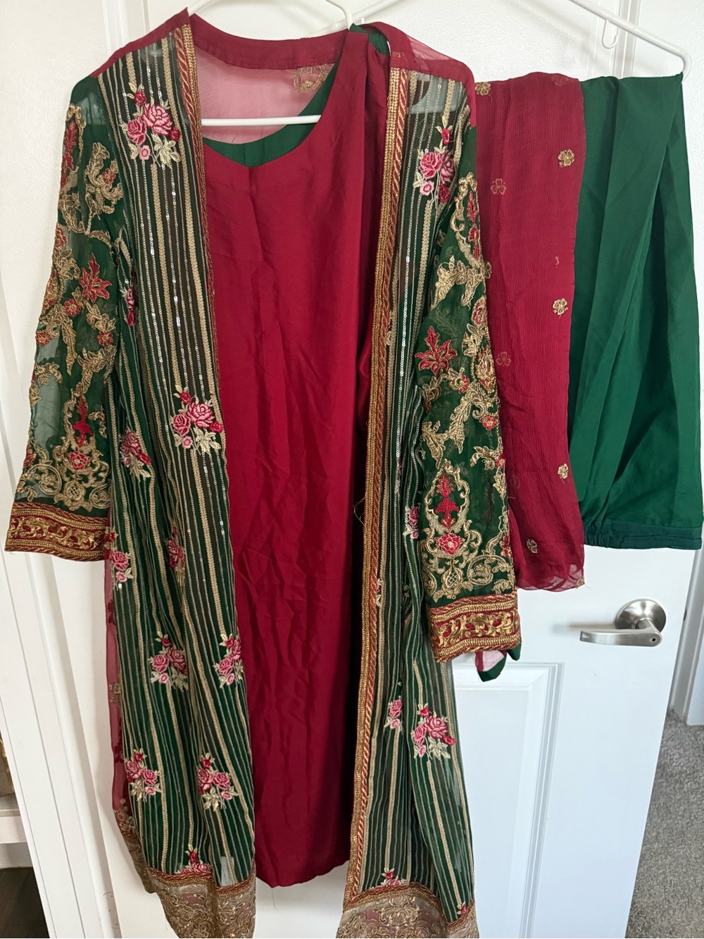 Traditional Embroidered Green & Burgundy Salwar Kameez Set